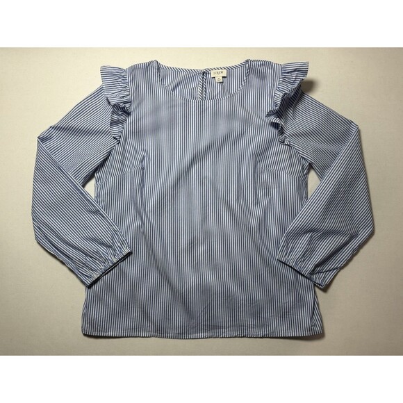 J. Crew Tops - J.Crew Blouse Women’s Blue and White Stripe Ruffle Long Sleeve Cotton Shirt Sz M